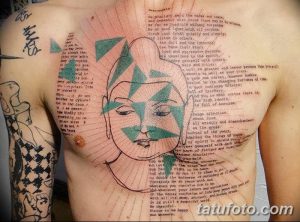 Фото тату на груди и плече с изображением женского лица, разбитого на геометрические фигуры, и окружающего его текста. Акварель, графика, сложный рисунок.
