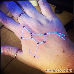 Фото тату: UV-татуировка в виде созвездия на руке. Точки соединены светящимися линиями, создавая красивый и загадочный рисунок.
