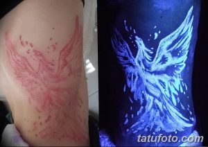 Фотография татуировки феникса, показанная в обычном и светящемся в ультрафиолете вариантах. Тату изображает птицу, взлетающую из пепла, с яркими светящимися деталями.