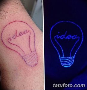 Фото тату: надпись 'idea' внутри контура лампочки, выполненная обычной и светящейся краской. Оригинальный и креативный дизайн.