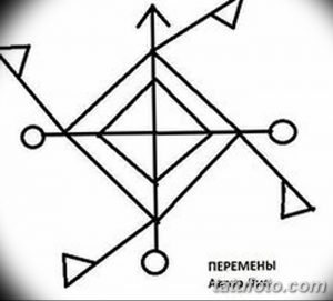 Черно-белый эскиз татуировки с изображением сложного геометрического символа, состоящего из треугольников, кругов и линий. Символ перемен и трансформации.