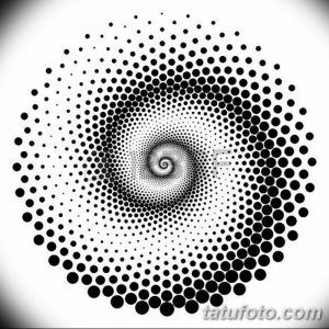 Черно-белое фото тату в стиле Dotwork, представляющее собой спираль из точек, закручивающихся к центру. Идеально для любителей минимализма и геометрических узоров.