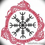 Черно-красный эскиз татуировки в виде круга, содержащего рунический символ и украшенного сложным кельтским орнаментом.