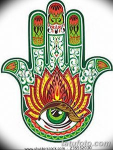 Цветное фото татуировки с изображением Хамасы (Руки Фатимы). Детализированный рисунок с яркими цветами и всевидящим глазом.