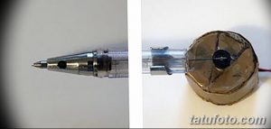 Фото деталей тату-машинки: металлический наконечник и корпус, обмотанный изолентой. Крупный план тату-оборудования.