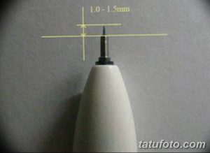 Крупный план иглы для татуировки с указанием размера 1.0-1.5 мм. Детали тату-оборудования, используемого мастерами.