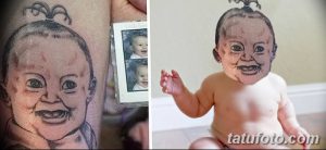 Фото неудачной татуировки лица ребенка на руке. Рисунок выполнен неаккуратно, с искаженными пропорциями и странным выражением лица.
