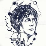 Эскиз татуировки, изображающий женский портрет, окруженный астрологическими символами, планетами и звездами. Рисунок выполнен в черно-белой графике.