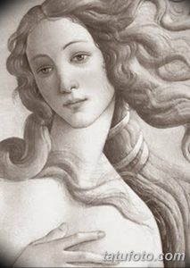 Черно-белый эскиз татуировки, изображающий крупный план лица Венеры, с акцентом на ее выразительных глазах и волнистых волосах.