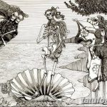 Черно-белый эскиз татуировки, изображающий сцену с участием скелетов, женщины и раковины, выполненный в детализированной графической манере.