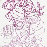 Эскиз татуировки русалки в стиле line work, украшенной розами и листьями, выполненный в нежных розовых тонах. Идеально для женского тела.