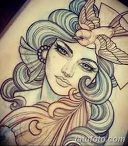 Яркий эскиз татуировки с изображением девушки с длинными волосами и птицей на голове, выполненный в стиле New School. Идеально подходит для любителей красочных и оригинальных рисунков.