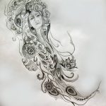Черно-белый эскиз татуировки с изображением женского лица, окруженного цветами, лотосом и растительными узорами в стиле ар-нуво.