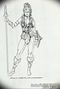 Black and white preliminary sketch of Xena, the Warrior Princess, with accessories. Detailed line work and dynamic pose.