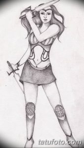 Black and white sketch of Xena, the Warrior Princess, holding a sword. Detailed shading and dynamic lines.