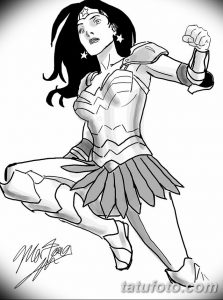 Black and white sketch of Wonder Woman in a dynamic action pose, leaping forward. Energetic lines and dramatic composition.
