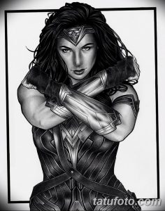 Black and white sketch of Wonder Woman's portrait with arms crossed. Detailed shading and strong facial features.