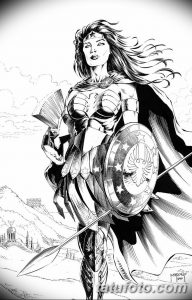 Black and white sketch of Wonder Woman in a heroic pose, holding a shield and spear. Detailed line work and dynamic composition.