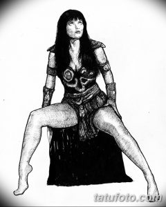 Black and white sketch of Xena, the Warrior Princess, seated in a powerful pose. Detailed shading and dynamic lines.