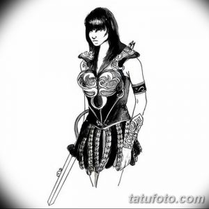 Black and white sketch of Xena, the Warrior Princess, in full armor. Detailed facial features and intricate armor design.