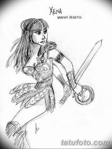 Black and white sketch of Xena, the Warrior Princess, in action pose with sword. Detailed line work and dynamic composition.