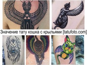 Коллаж из фотографий татуировок кошек с крыльями. Различные стили и техники исполнения, от реализма до графики.