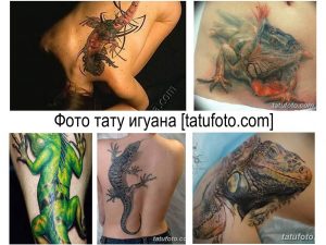 Фото коллажа с различными татуировками игуан. Изображения рептилий выполнены в разных стилях и размерах. Разнообразие рисунков татуировок.