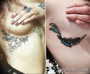 Фото двух татуировок: на одной изображены цветы на груди, на другой - русалка на руке. Нежные цвета и детальная проработка.