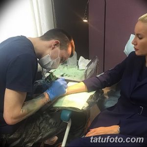 Фото процесса татуировки: мастер в маске и перчатках наносит рисунок на руку клиентке. Профессиональное оборудование и соблюдение гигиены.