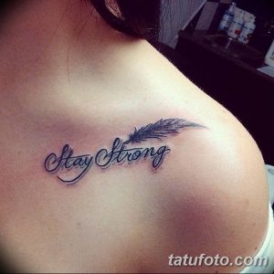 Фото тату: татуировка с надписью "Stay Strong" и изображением пера, выполненная в черном цвете на ключице, в каллиграфическом стиле.