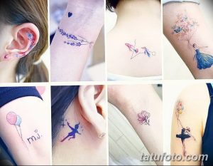Фото тату: коллаж из нескольких мини-татуировок: цветы на ухе, лаванда на руке, балерина на спине, воздушные шары и звезды. Нежные и женственные дизайны.