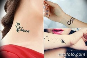 Фото тату: коллаж из трех женственных татуировок: корона с надписью "Queen" на шее, символ бесконечности с надписью "love" на запястье и одуванчик на руке.