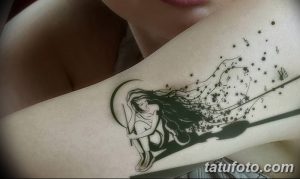 Фото татуировки на руке с изображением девушки, играющей на скрипке, окруженной нотами и звездами. Рисунок выполнен в черно-белой гамме.