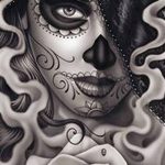 Фото тату Калаверы с розовыми губами и сложными узорами. Детализированный рисунок татуировки в стиле чикано.