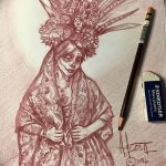 Эскиз татуировки Санта Муэрте, выполненный в красных тонах с использованием карандаша. Подходит для тех, кто ищет необычные и яркие рисунки.