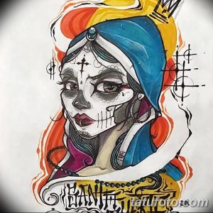 Цветной эскиз татуировки Санта Муэрте в стиле чикано с яркими красками и детальной проработкой лица. Подходит для тех, кто любит смелые и оригинальные рисунки.