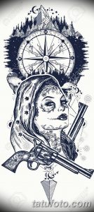 Черно-белый эскиз татуировки Санта Муэрте с компасом, револьвером, горами и лесом. Детализированный рисунок для создания уникального дизайна.