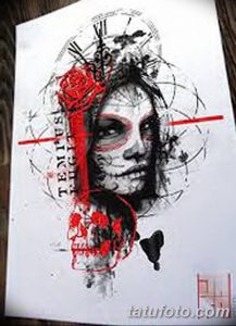 Фото татуировки в стиле акварель с изображением женского лица, украшенного цветами и брызгами краски. Яркий и красочный рисунок.