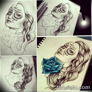 Коллаж из четырех эскизов татуировки в стиле Sugar Skull с изображением женского лица, украшенного цветами и узорами. Черно-белые рисунки с добавлением цвета.