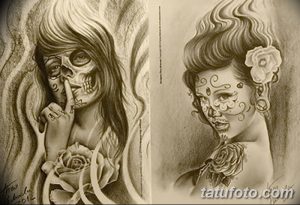Черно-серый эскиз татуировки с изображением двух женских черепов, украшенных цветами и узорами, одна из которых показывает знак молчания.