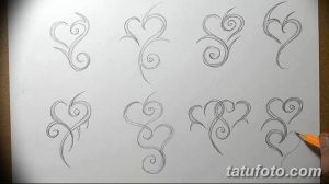 Фото набора эскизов тату сердца в различных стилях: с узорами, спиралями и геометрическими формами. Идеи для татуировки сердца на любой вкус.