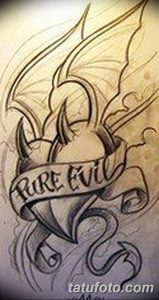 Фото эскиза татуировки: сердце с надписью 'Pure Evil', украшенное крыльями и витиеватыми узорами.