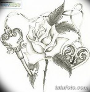 Эскиз татуировки, изображающий розу, ключ и замок. Символизирует любовь, секреты и раскрытие чувств.