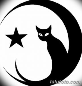 Простой, но эффектный эскиз татуировки с изображением черного кота, сидящего на фоне черного полумесяца, и одинокой звезды.