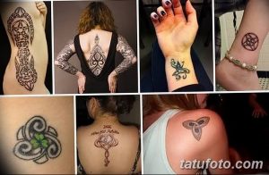 Фото тату: коллаж из нескольких изображений кельтских татуировок, включая узлы, кресты и трилистники, расположенных на разных частях тела.