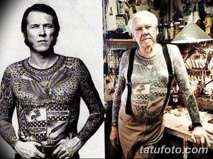 Фотография мужчины, полностью покрытого татуировками, в молодости и в старости. Черно-белые изображения, демонстрирующие долговечность татуировок.