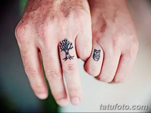 Фото парных татуировок на пальцах: на одном пальце изображено дерево, на другом - сова. Символ любви, мудрости и гармонии.