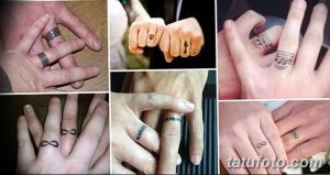 Коллаж из нескольких фотографий парных татуировок на пальцах, демонстрирующий различные стили и сюжеты: кельтские узоры, музыкальные ноты, символы бесконечности и другие.