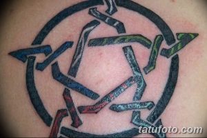 Фото татуировки на спине: цветная пятиконечная звезда в круге, выполненная в стиле олдскул. Яркий и выразительный рисунок.