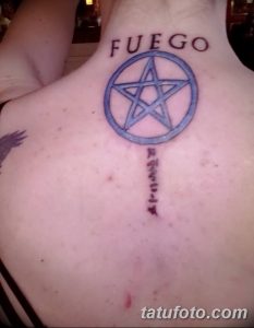 Фото тату: синяя пентаграмма с надписью "Fuego" сверху и вертикальным рядом рунических символов снизу. Татуировка расположена на груди.